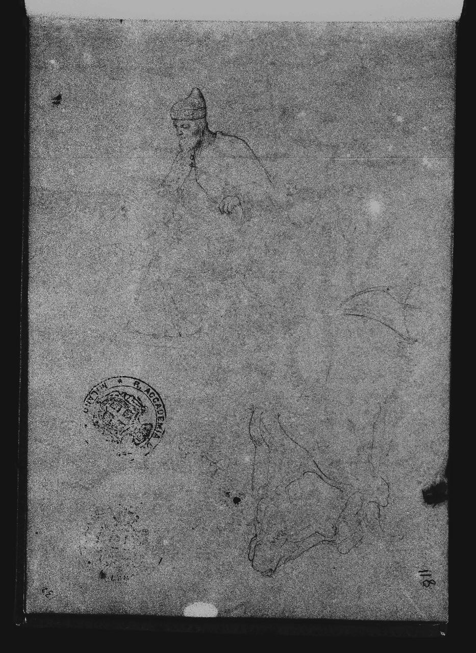 Copia da Paris Bordone e testa di bue (già Doge. Studio da Gentile Bellini (?) e testa di bue a lato - Samek), figura maschile e bue (disegno) di Hayez, Francesco (primo quarto||primo quarto sec. XIX||sec. XIX)