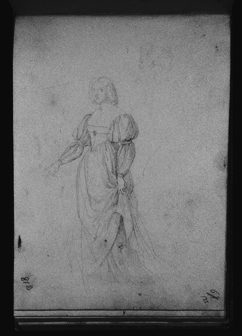 Dama in costume cinquecentesco all'impiedi, figura femminile (disegno) di Hayez, Francesco (primo quarto||primo quarto sec. XIX||sec. XIX)