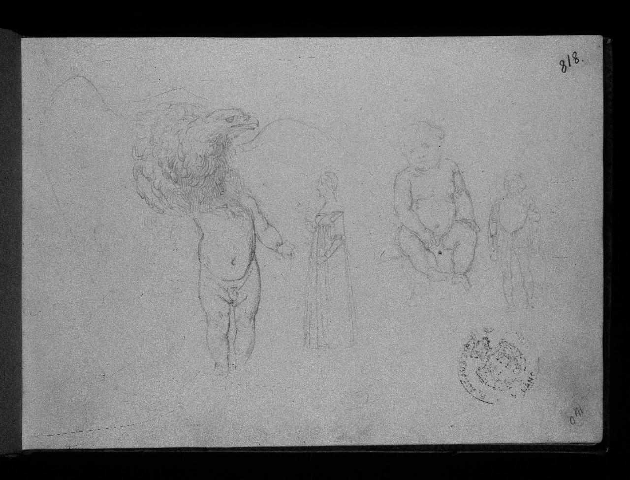 Studio di un'aquila, di due putti e di due figure in costume (già Schizzi vari (aquila, putti, donna e cavalieri) - Samek), figure femminili, maschili e animali (disegno) di Hayez, Francesco (primo quarto||primo quarto sec. XIX||sec. XIX)