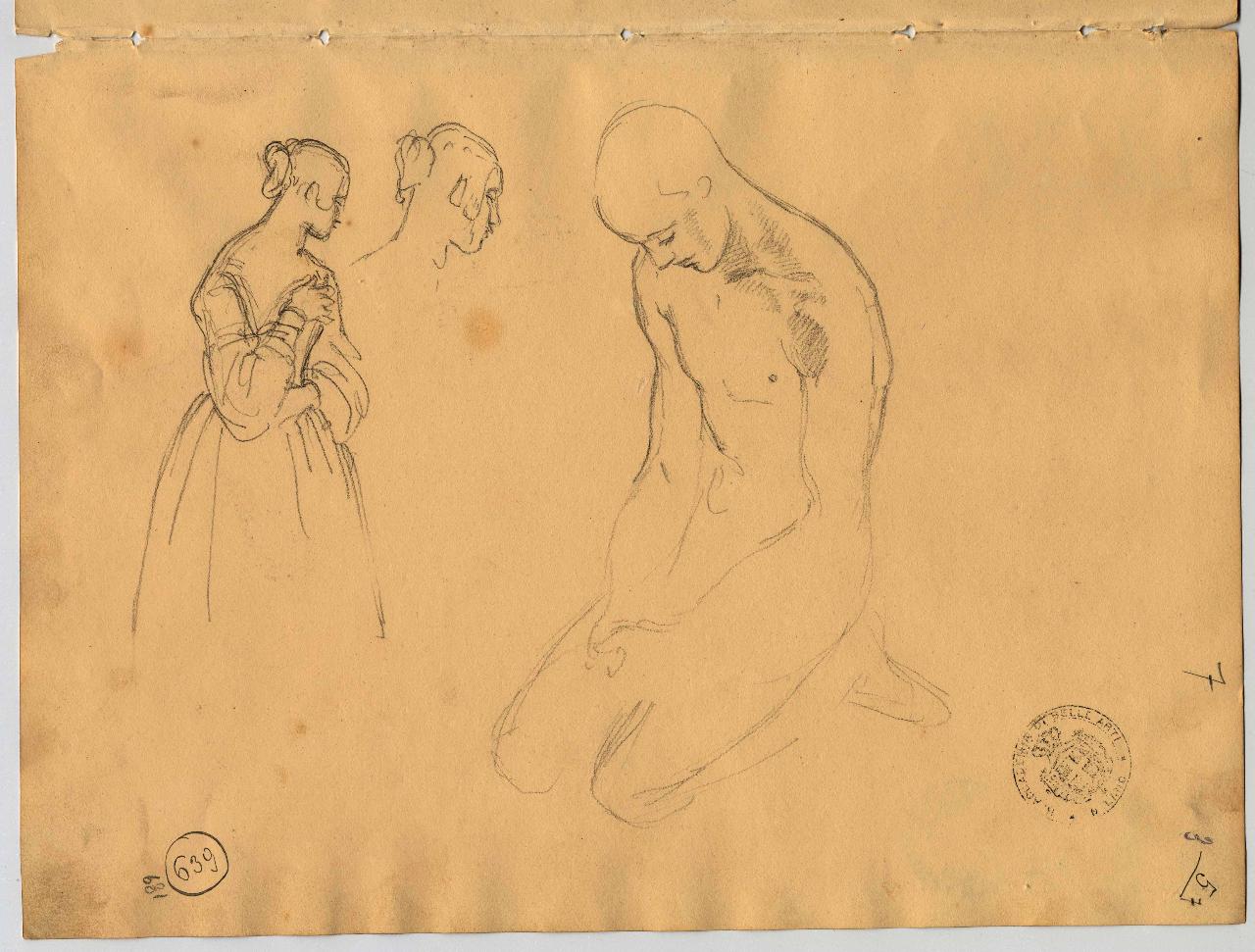 Donna e nudo inginocchiato, figura maschile e figura femminile (disegno) di Hayez, Francesco (primo quarto sec. XIX)