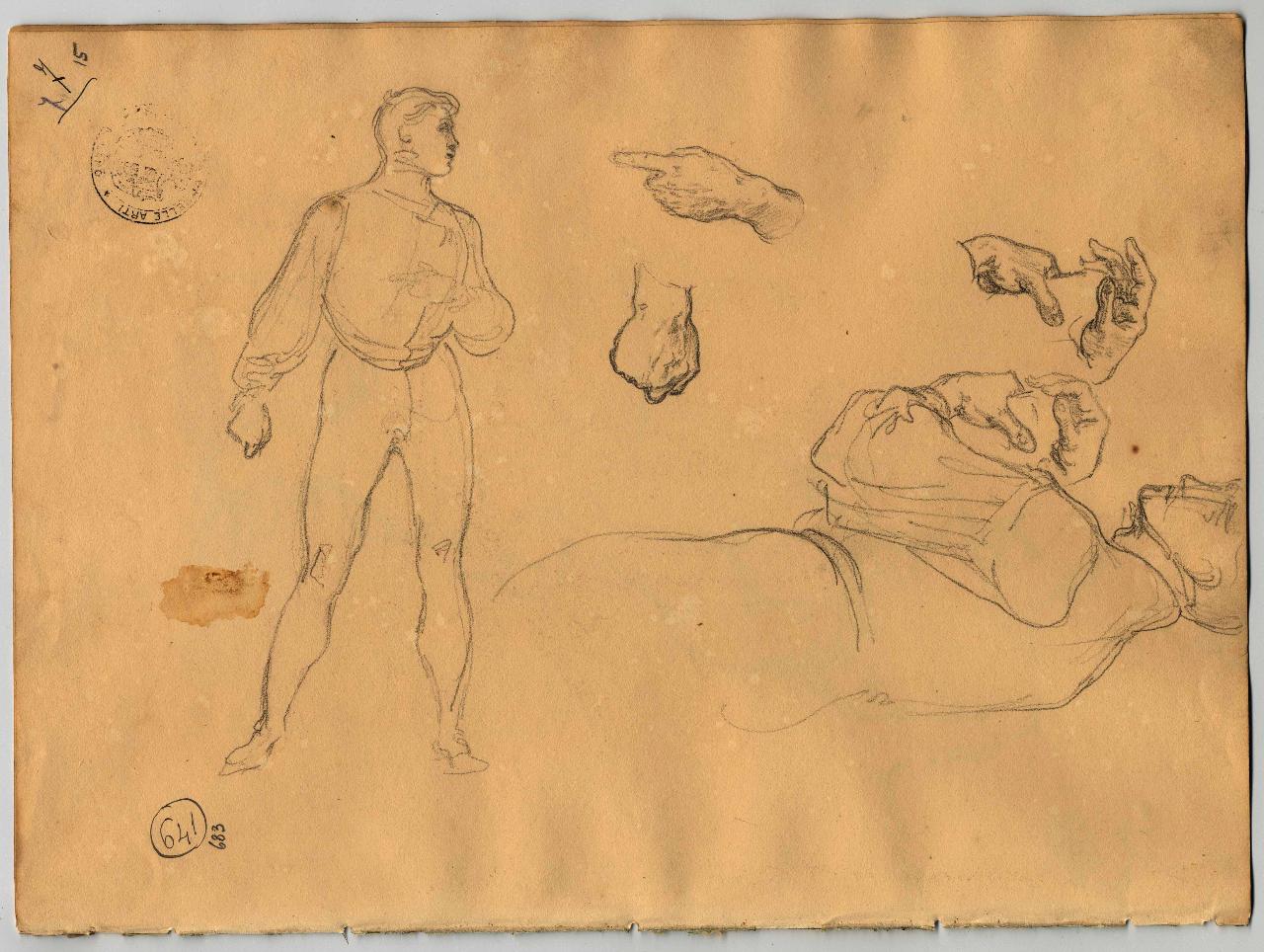 Figure maschili e studio di mani (già Studio di figura maschile all'impiedi e a mezzo busto - Samek), figura maschile (disegno) di Hayez, Francesco (primo quarto sec. XIX)