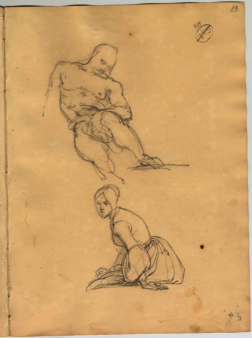 Studio di nudo maschile sdraiato, mezza figura femminile seduta, figura maschile e figura femminile (disegno) di Hayez, Francesco (primo quarto sec. XIX)