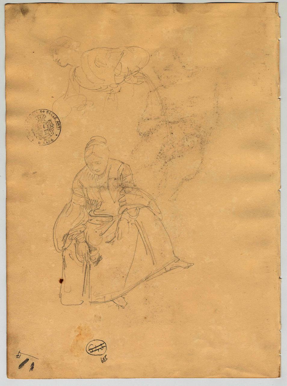 Studio di figura femminile seduta e chinata, figura femminile (disegno) di Hayez, Francesco (primo quarto sec. XIX)