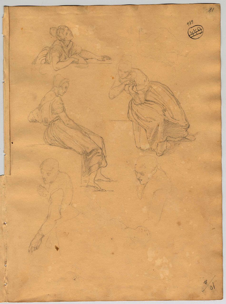 Schizzi vari (donna seduta, al balcone, uomo visto di lato), figura femminile e maschile (disegno) di Hayez, Francesco (primo quarto sec. XIX)