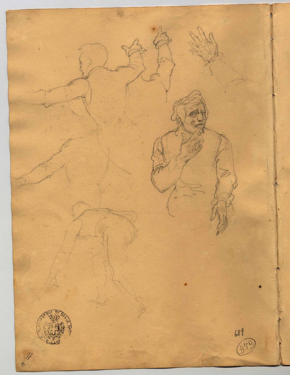 Figure maschili e studio di mani e braccia (già Uomo a mezzo busto, schizzi vari di giovane in corsa - Samek), figure maschili e braccia (disegno) di Hayez, Francesco (primo quarto sec. XIX)
