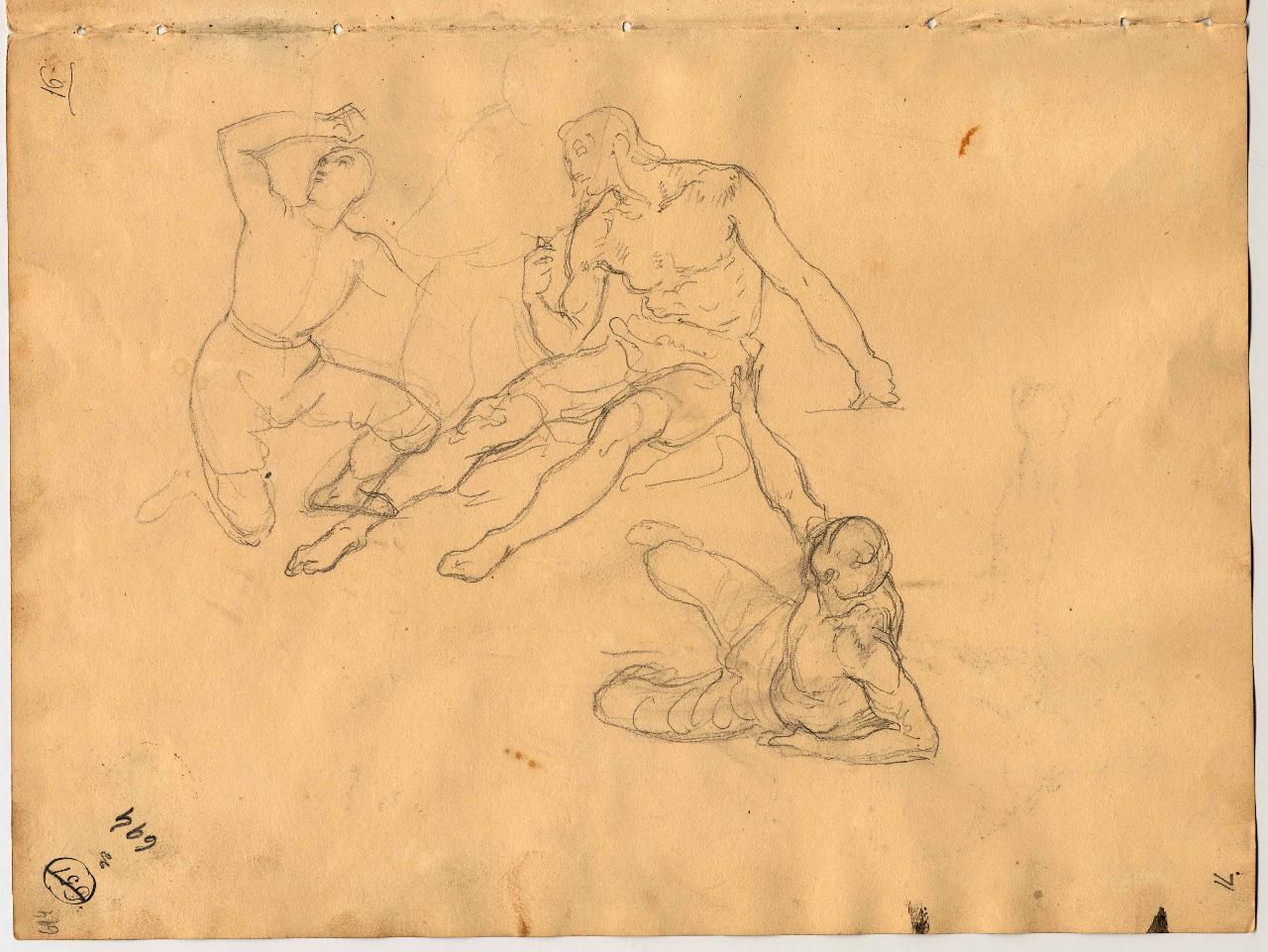 Nudo virile seduto a terra e scorci di figure maschili a lato, figure maschili (disegno) di Hayez, Francesco (primo quarto sec. XIX)