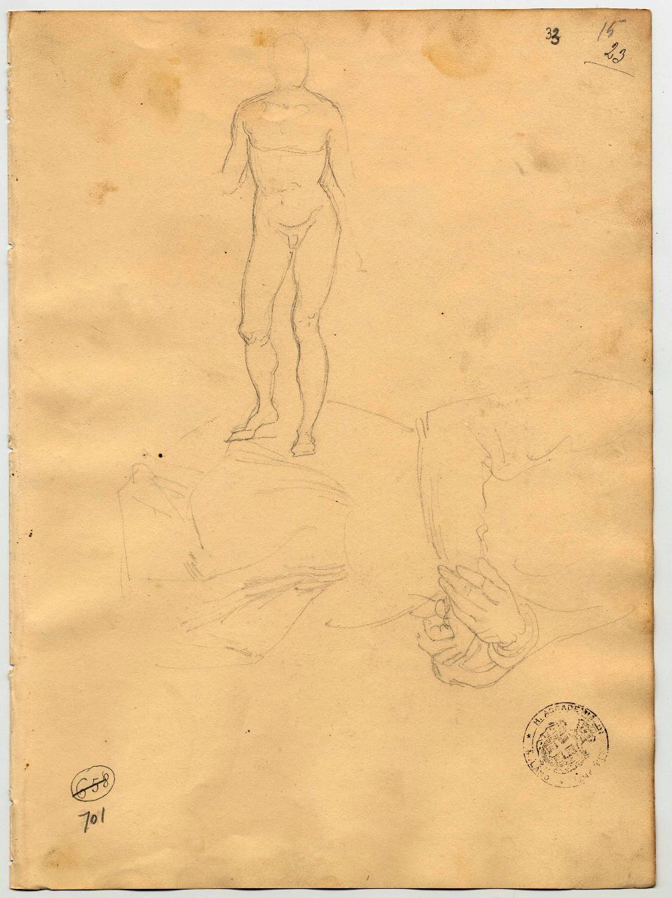 Nudo maschile e studio di mani (già Nudo virile e mezza figura acefala - studio per ritratto - Samek), figure maschili e mani (disegno) di Hayez, Francesco (primo quarto sec. XIX)