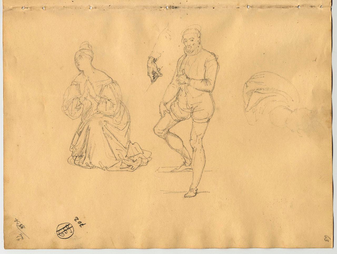 Donna orante e gentiluomo con studio di mani, figura maschile, figura femminile e studio di mano (disegno) di Hayez, Francesco (primo quarto sec. XIX)