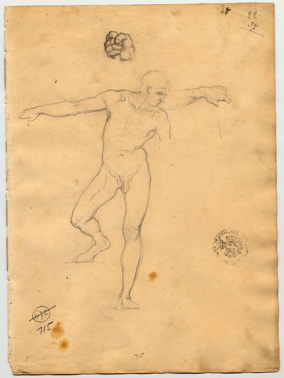 Nudo maschile e studio di mano, nudo maschile e mano (disegno) di Hayez, Francesco (primo quarto sec. XIX)