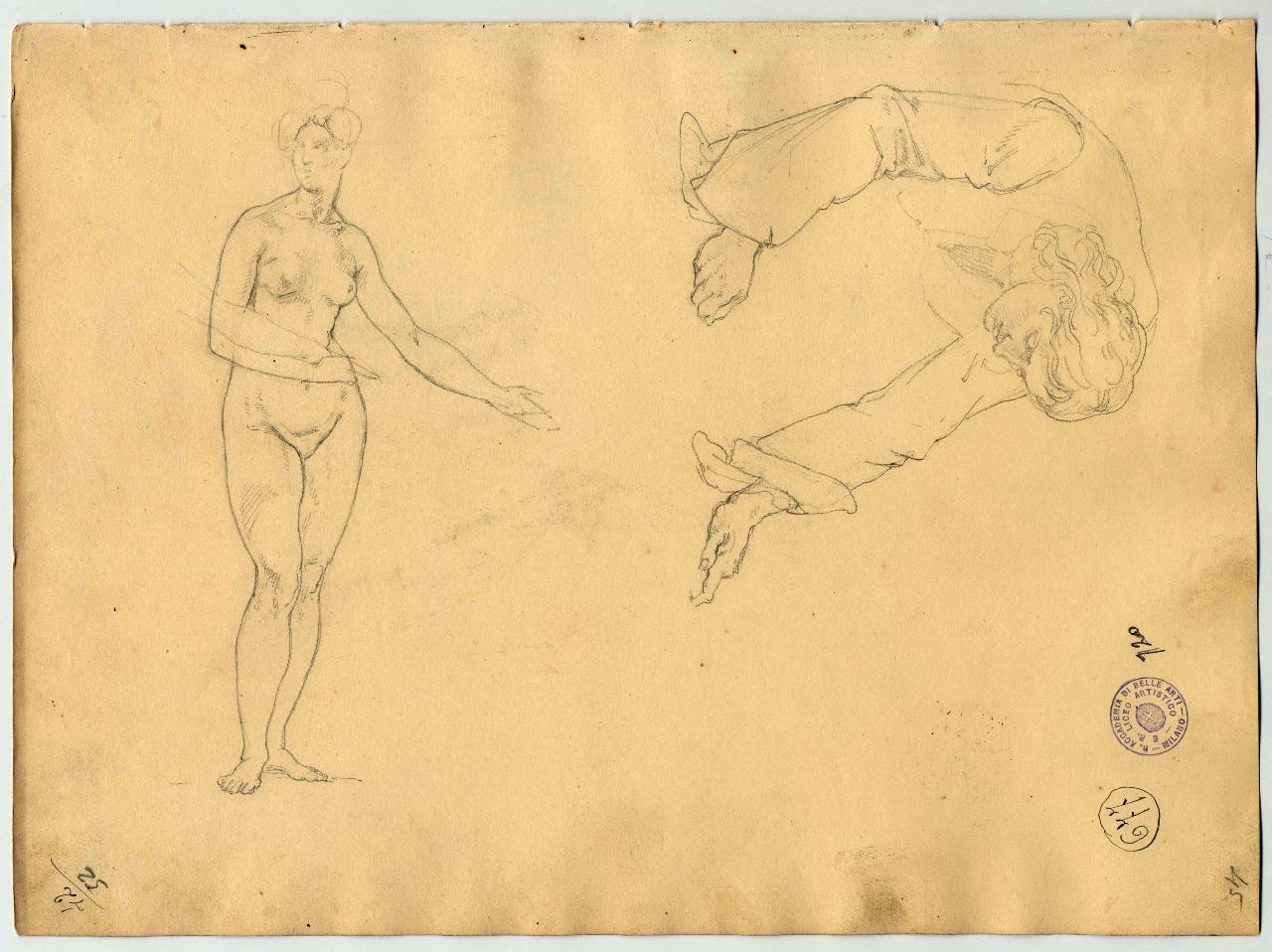 Figura maschile e nudo femminile (già Nudo femminile e figura che si appoggia colle mani - Samek), figura femminile e figura maschile (disegno) di Hayez, Francesco (primo quarto sec. XIX)