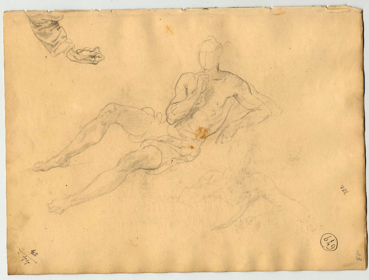 Figura maschile e studio di mano (già Nudo maschile sdraiato - Samek), Figura maschile e mano (disegno) di Hayez, Francesco (primo quarto sec. XIX)