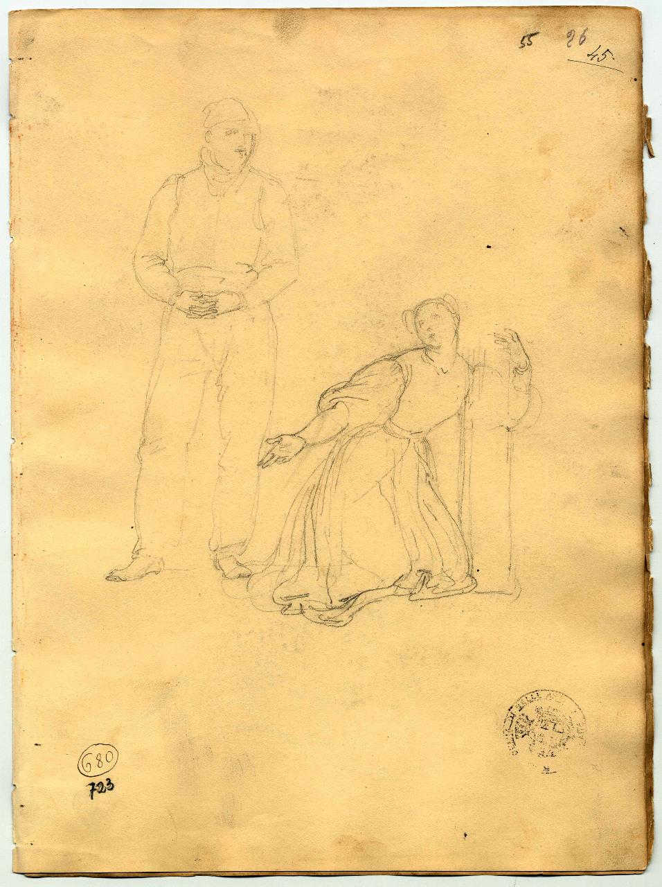 Donna in ginocchio supplichevole e figura virile all'impiedi, Figura maschile e figura femminile (disegno) di Hayez, Francesco (primo quarto sec. XIX)