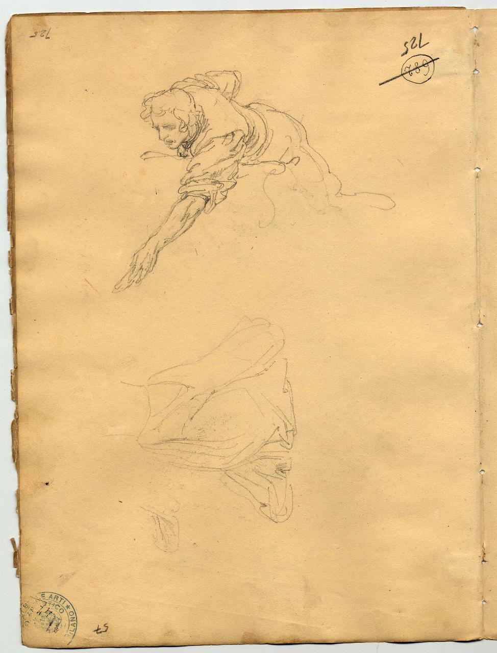 Schizzo di mezza figura maschile in iscorcio e panneggi, figura maschile e panneggio (disegno) di Hayez, Francesco (primo quarto sec. XIX)