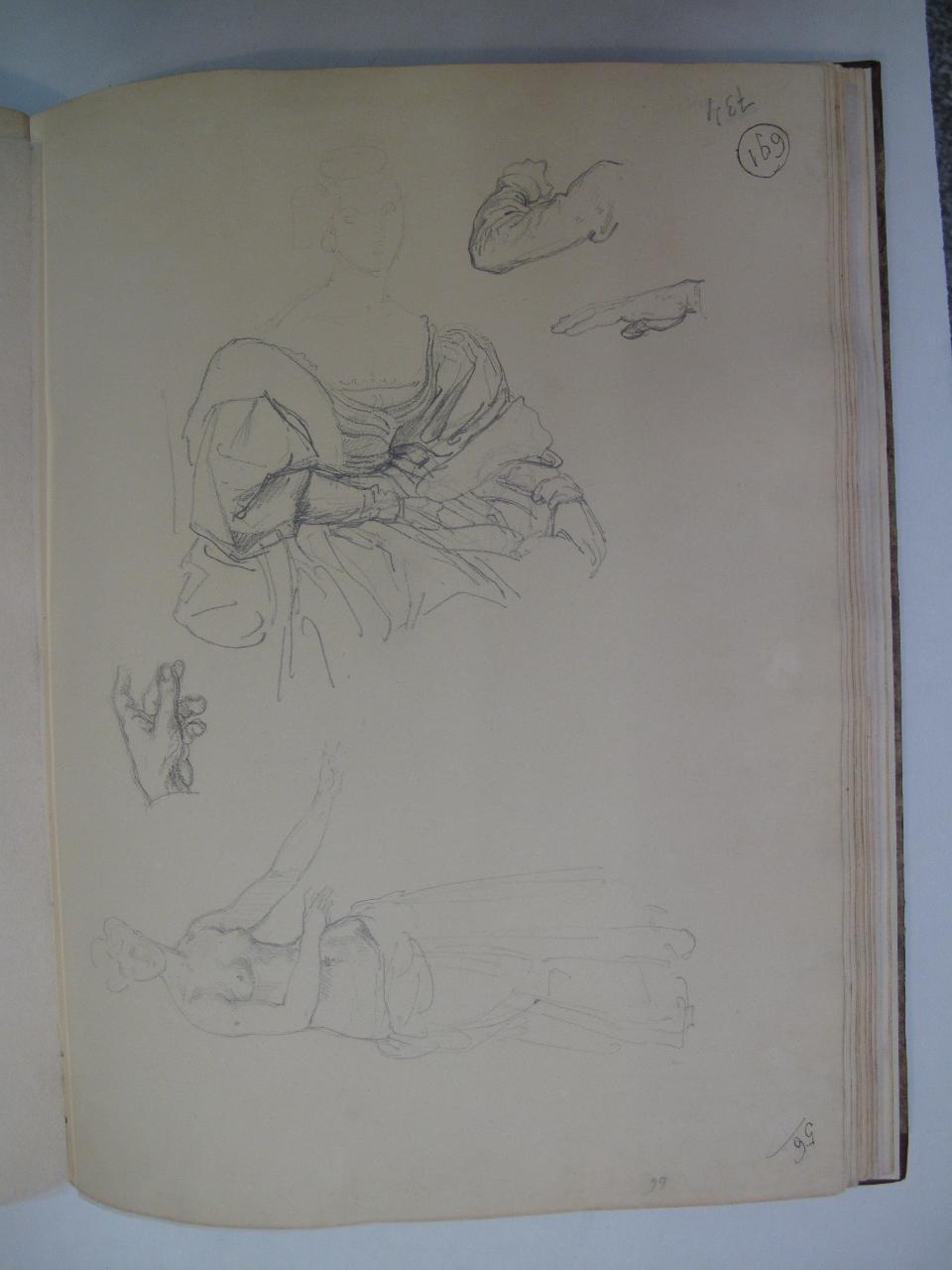 La contessa Litta Greppi Albani, una figura femminile e studi di mani (già Studio di ritratto femminile seduto; nudo femminile all'impiedi, mani - Samek), figure femminili e mani (disegno) di Hayez, Francesco (primo quarto sec. XIX)