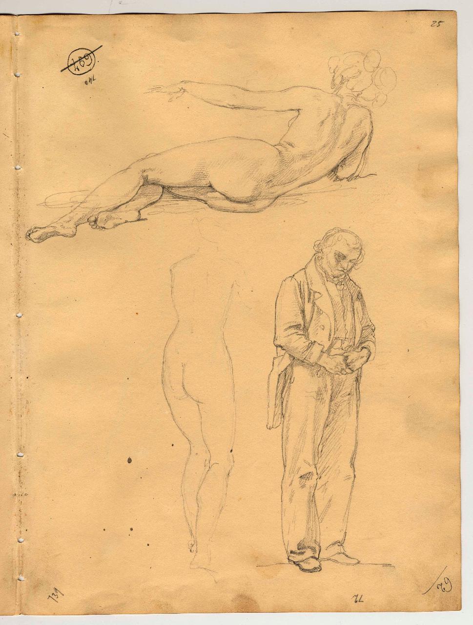 Nuda distesa, figura d'uomo vestito all'impiedi, schizzo di nuda, nudi femminili e figura maschile (disegno) di Hayez, Francesco (primo quarto sec. XIX)
