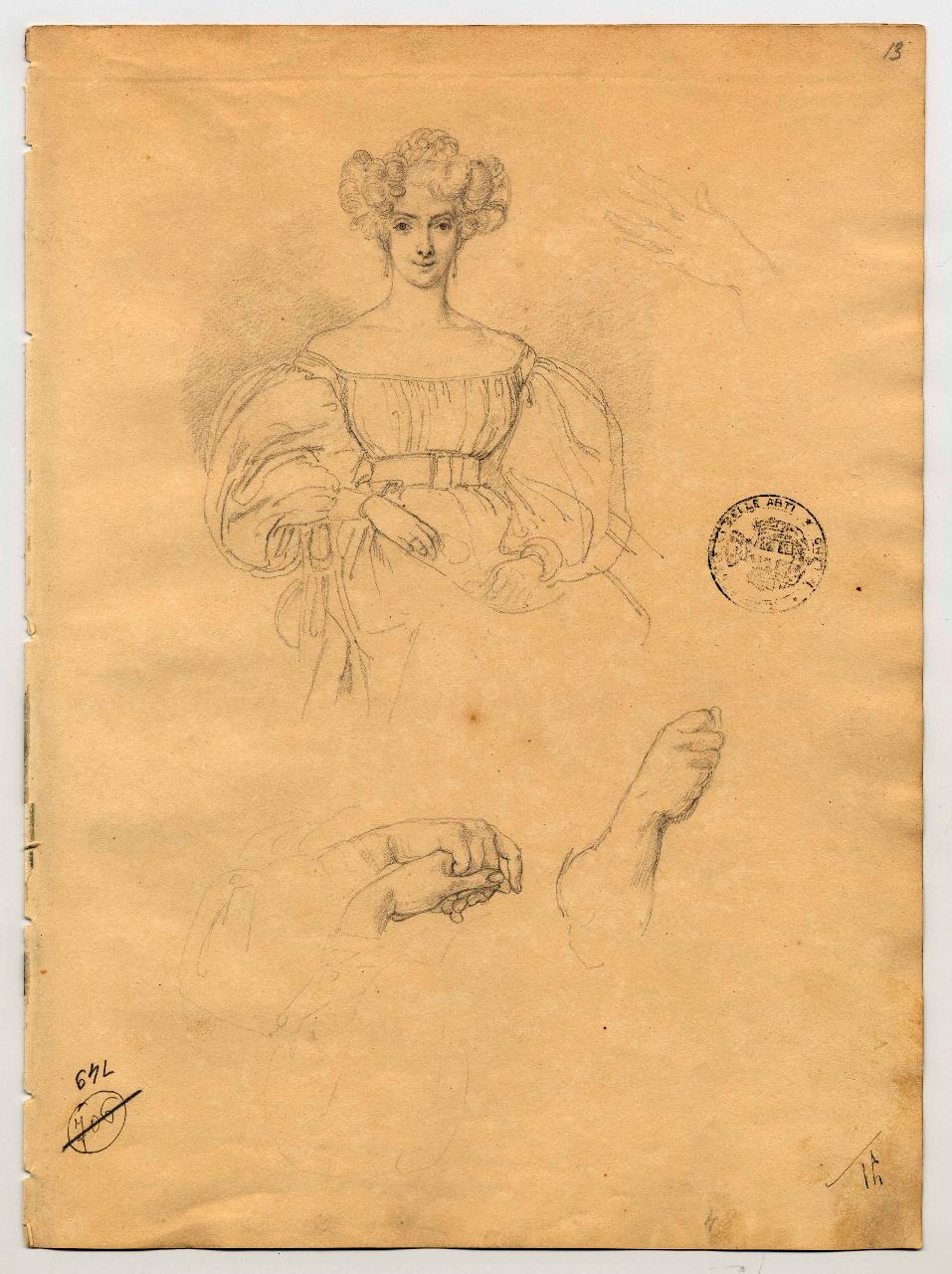 Studio per ritratto femminile e mani, figura femminile (disegno) di Hayez, Francesco (primo quarto sec. XIX)