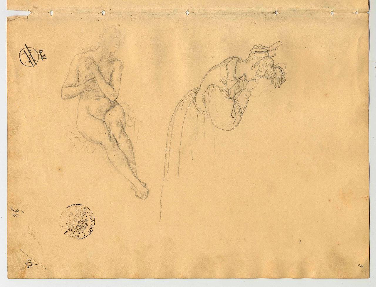 Nudo femminile e donna chinata, figure femminili (disegno) di Hayez, Francesco (primo quarto sec. XIX)
