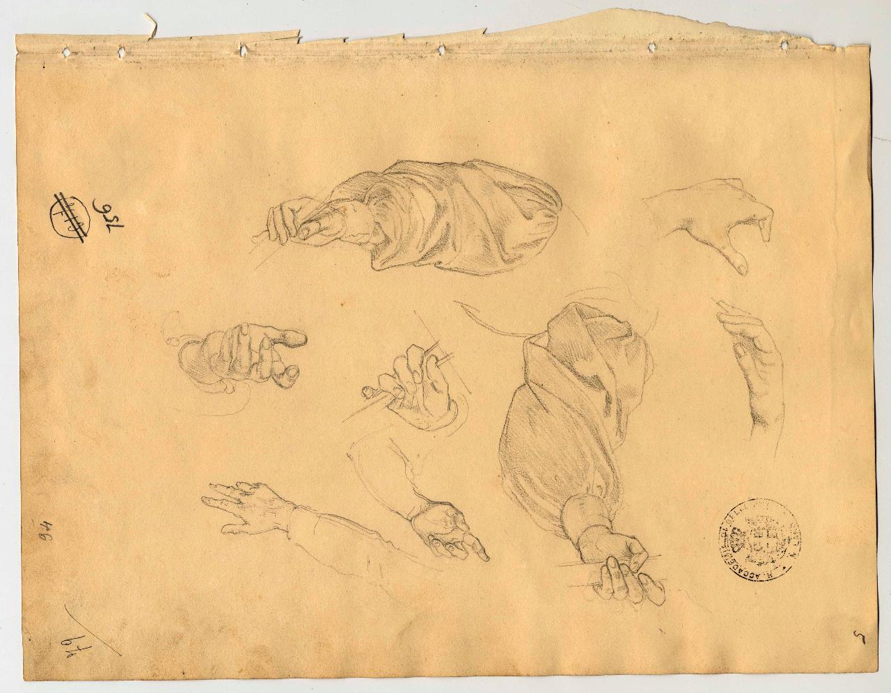 Studio di panneggi, braccia e mani, panneggio, mani e braccia (disegno) di Hayez, Francesco (primo quarto sec. XIX)