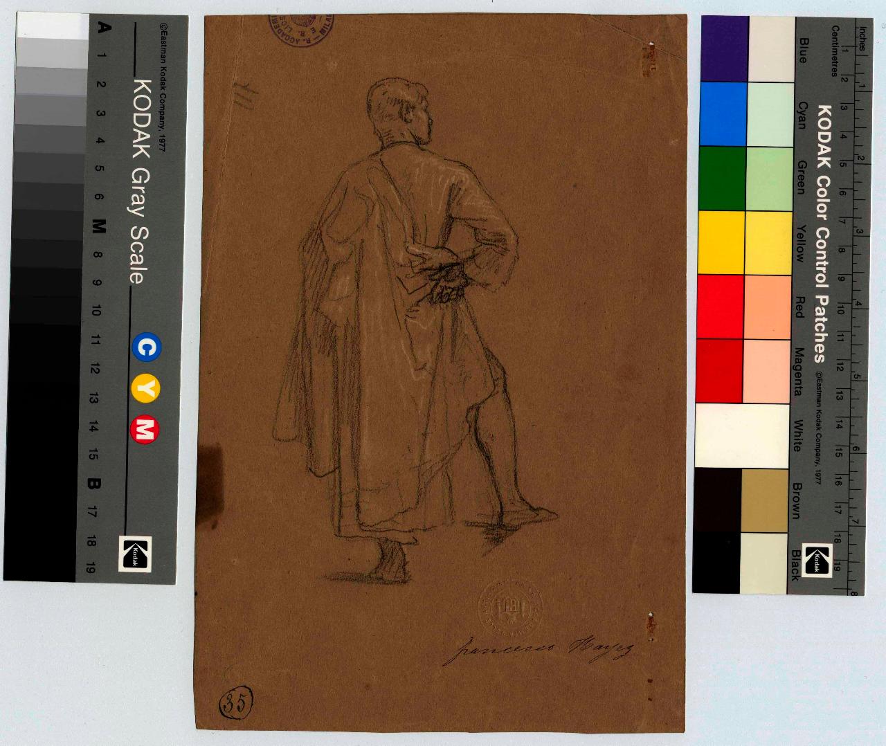 Figura virile panneggiata riccamente, vista da tergo, figura maschile (disegno) di Hayez, Francesco (metà sec. XIX)