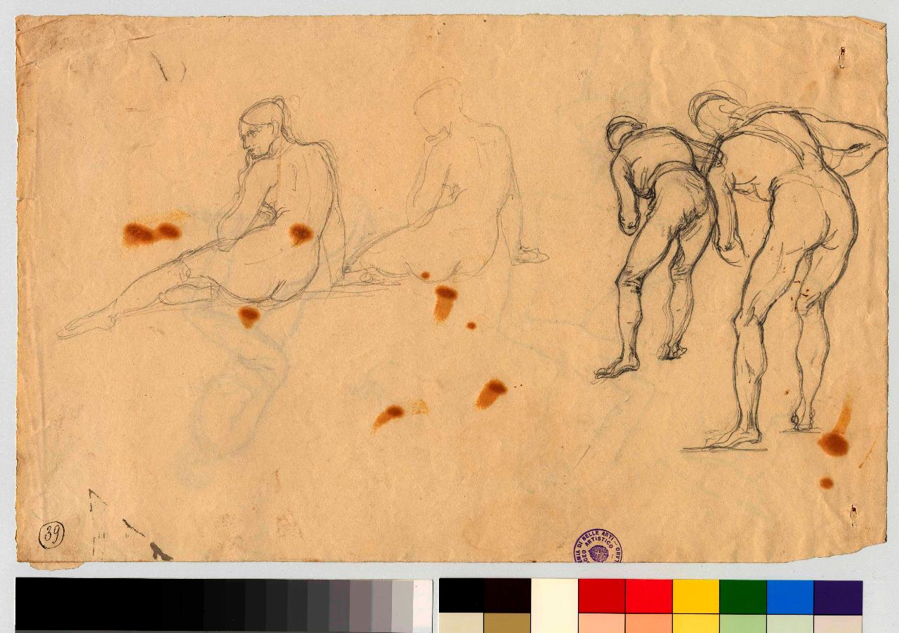Nudi maschili chinati, nudi femminili sdraiati, nudi maschili e nudi femminili (disegno) di Hayez, Francesco (metà sec. XIX)