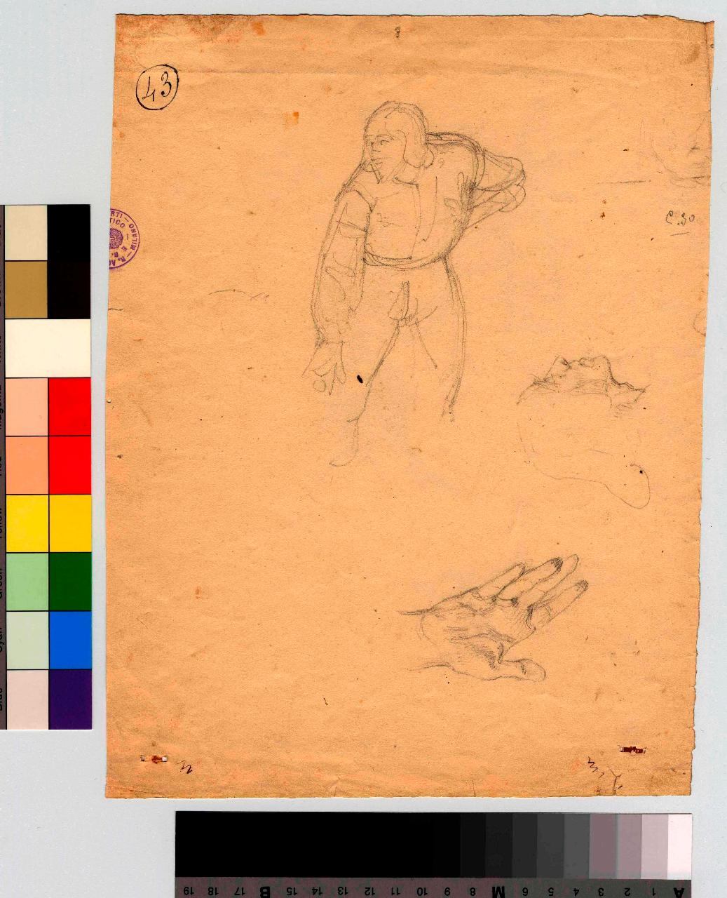 Uomo in costume di schermitore. Una testa vista di profilo; mano, figura maschile, testa, mani (disegno) di Hayez, Francesco (metà sec. XIX)