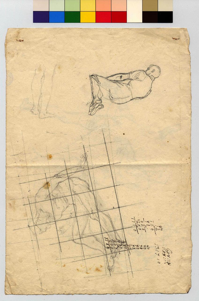 Uomo in ginocchio; altro seduto per terra con reticolo sopra, figure maschili (disegno) di Hayez, Francesco (metà sec. XIX)