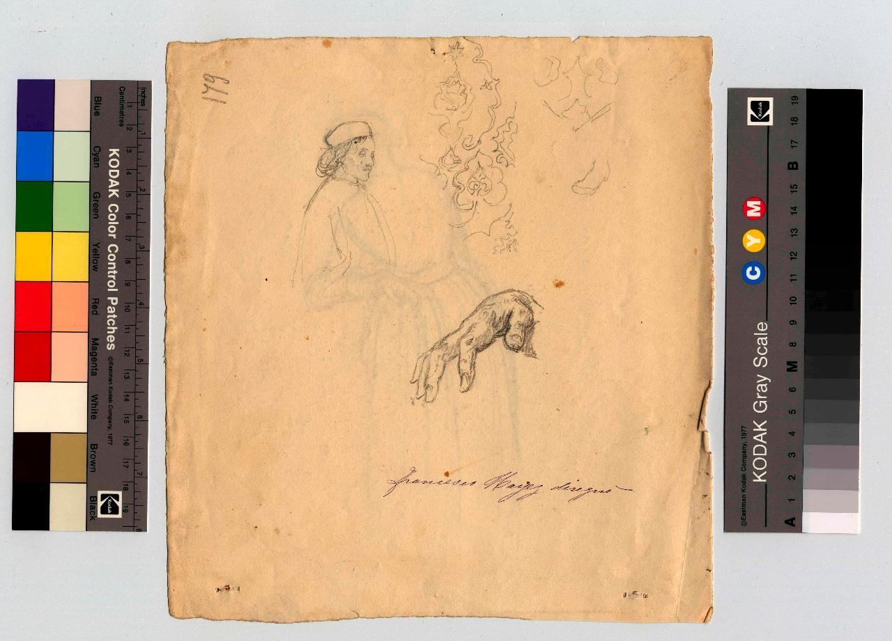 Mezza figura d'uomo con mantello e copricapo in costume rinascimentale e mano, figura maschile, mano (disegno) di Hayez, Francesco (metà sec. XIX)