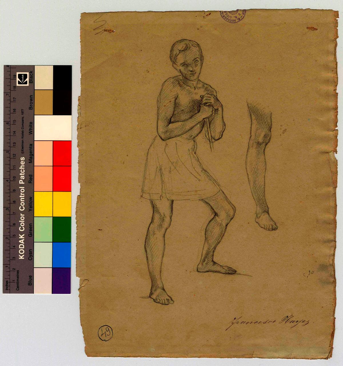 Fanciullo con zufolo. Studio di gamba, figura maschile, gamba (disegno) di Hayez, Francesco (metà sec. XIX)