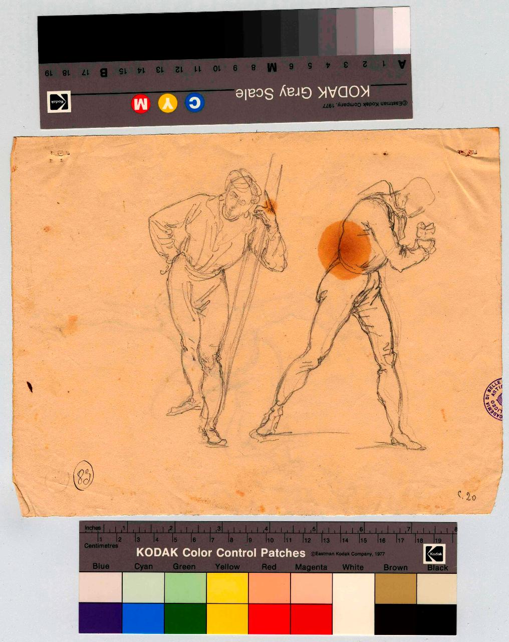 Giovane inclinato, appoggiato a un'asta. Altri in atto di maneggiare una spada o reggere un'insegna, figure maschili (disegno) di Hayez, Francesco (metà sec. XIX)