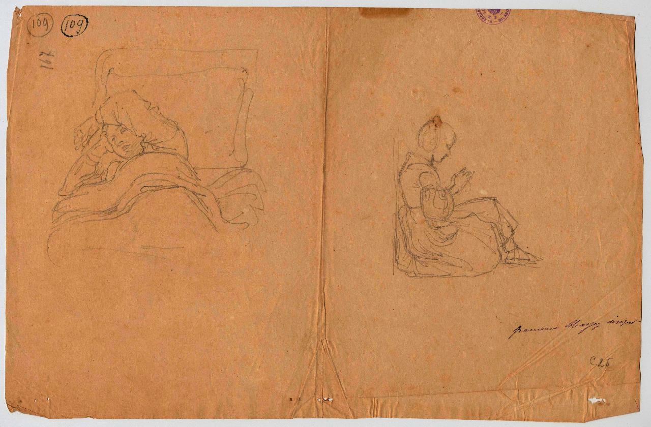 Donna malata a letto. Fanciullina seduta, figure femminili (disegno) di Hayez, Francesco (metà sec. XIX)