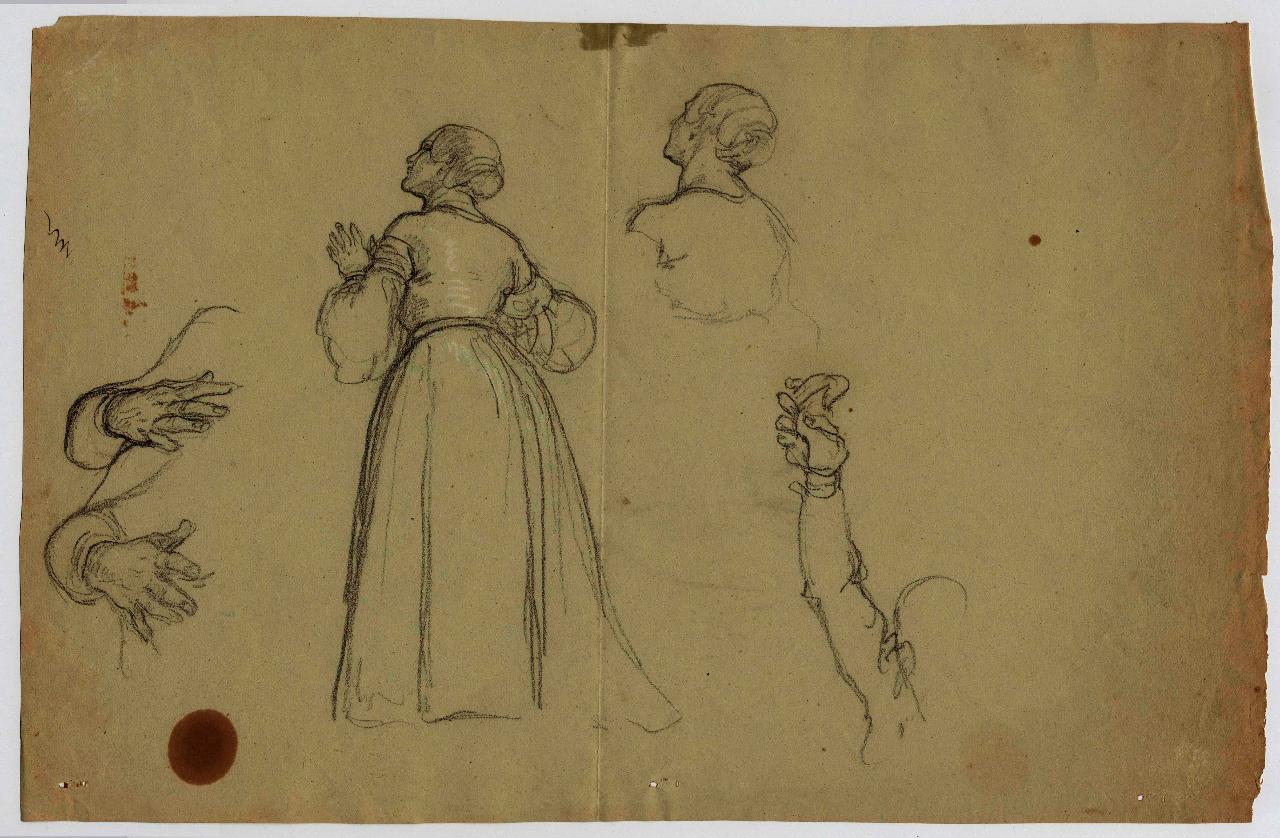 Figura di donna vista di schiena, intera e solo busto, Studio di mani e braccia, figura femminile, testa mani e braccia (disegno) di Hayez, Francesco (metà sec. XIX)
