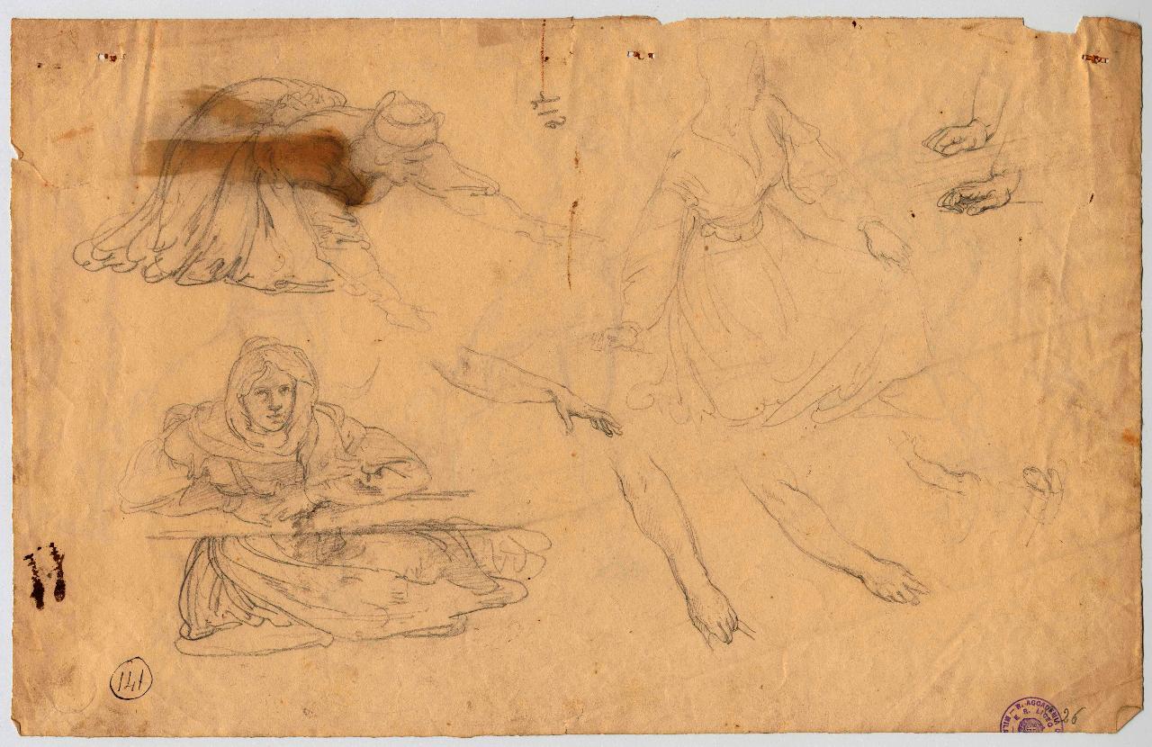 Studi di donna seduta, chinata, appoggiata; Studu di braccia e di mani appoggiate, levate, distese, afferranti/ Nudi virili che fanno forza con le braccia in alto, figure femminili, braccia e mani/ nudi maschili (disegno) di Hayez, Francesco (metà sec. XIX)