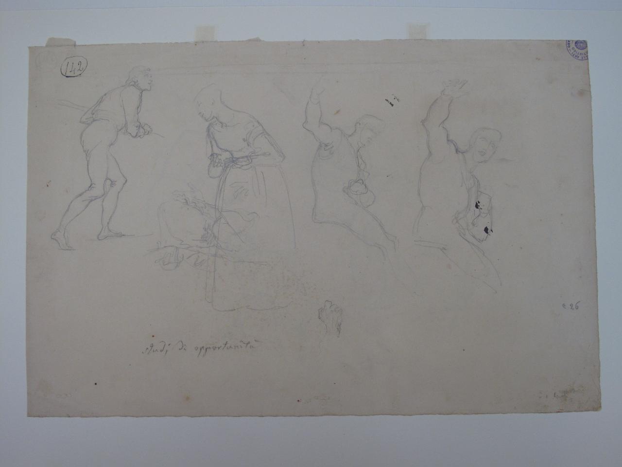 "Studi di opportunità"; figure in svariate attitudini, figure femminili, figure maschili, mani (disegno) di Hayez, Francesco (metà sec. XIX)