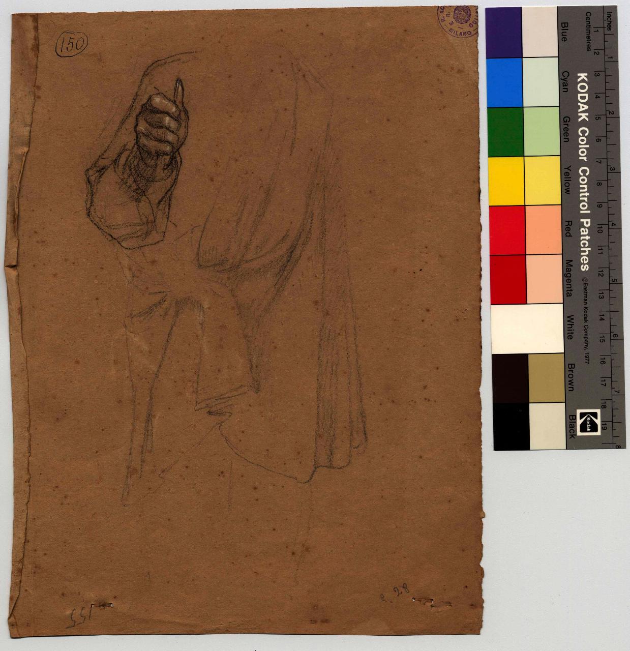 Schizzo di figura panneggiata/ Studi di panneggi; Testina di fanciulla; Portatrice di libro acefala, e mani, figura maschile/ figura femmilile, testa, mano, panneggio (disegno) di Hayez, Francesco (metà sec. XIX)