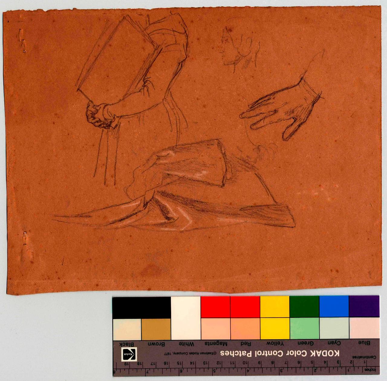 Studi di panneggi; Testina di fanciulla; Portatrice di libro acefala, e mani, figura femmilile, testa, mano, panneggio (disegno) di Hayez, Francesco (metà sec. XIX)