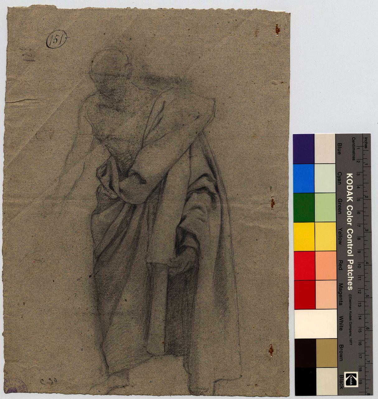 Uomo inchinato a petto semiscoperto, panneggiato alla classica, figura maschile (disegno) di Hayez, Francesco (metà sec. XIX)