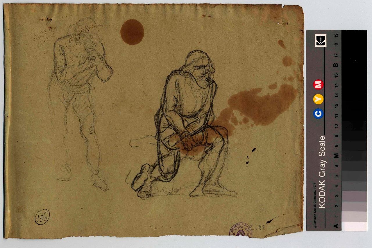 Due figure d'uomini maturi: una in primo piano in ginocchio e in catene, più definita; l'altra, arretrata in piedi/ Studi di panneggi e mani, figure maschili | panneggi, mani (disegno) di Hayez, Francesco (metà sec. XIX)