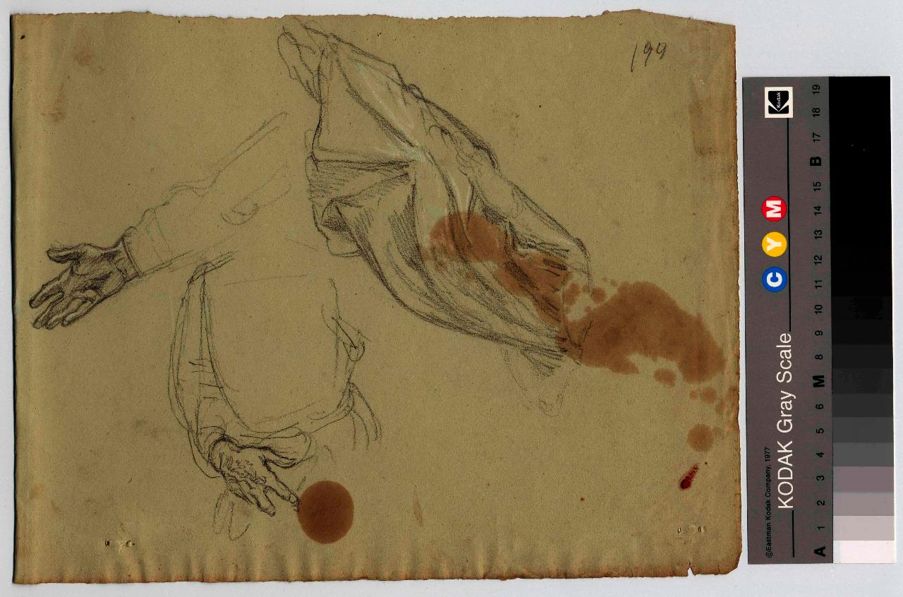 Studi di panneggi e mani, panneggi, mani (disegno) di Hayez, Francesco (metà sec. XIX)