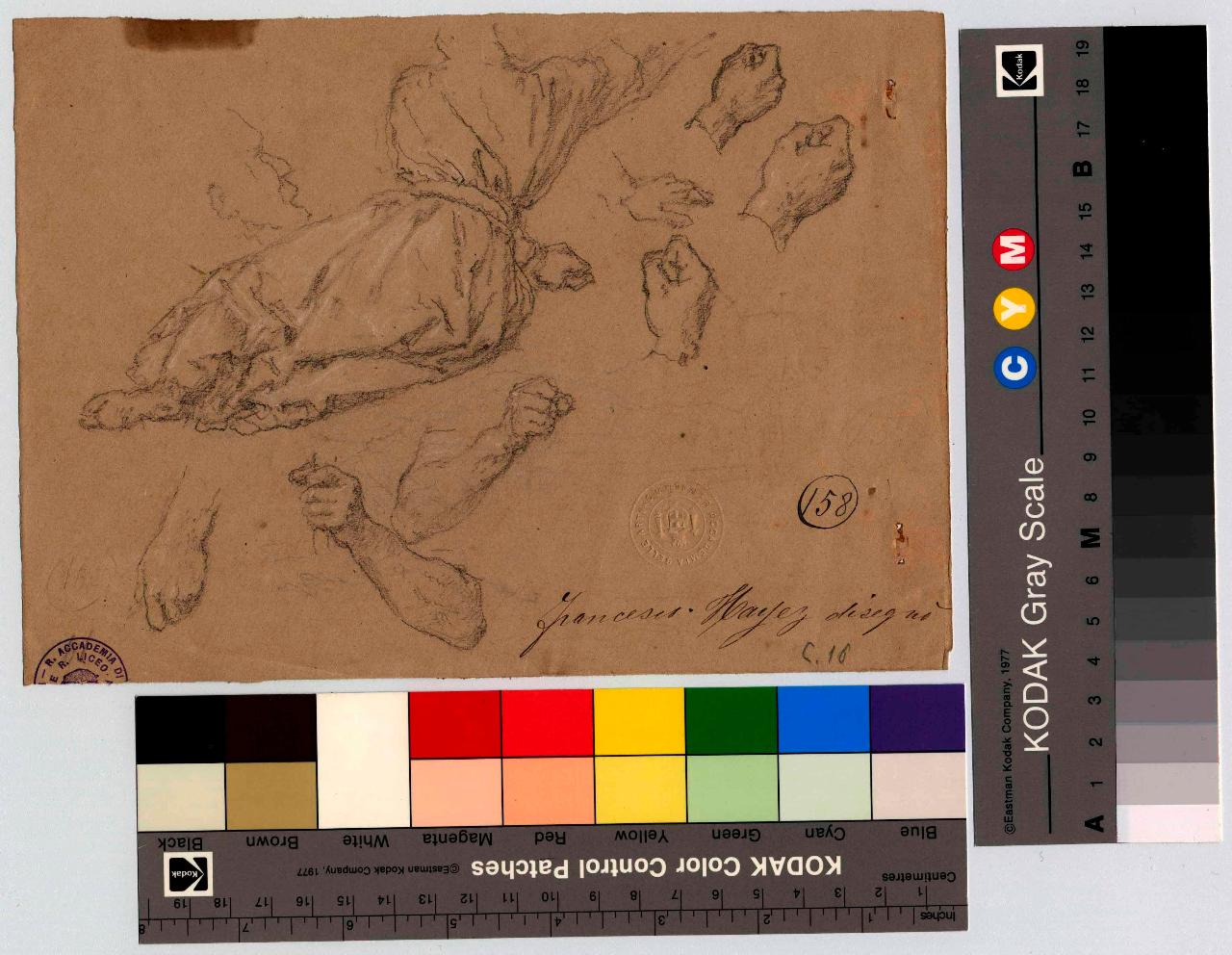 Figura sdraiata acefala. Studio di braccia e mani col pugno chiuso. Testa di profilo, figura femminile, testa, mani, braccia (disegno) di Hayez, Francesco (metà sec. XIX)