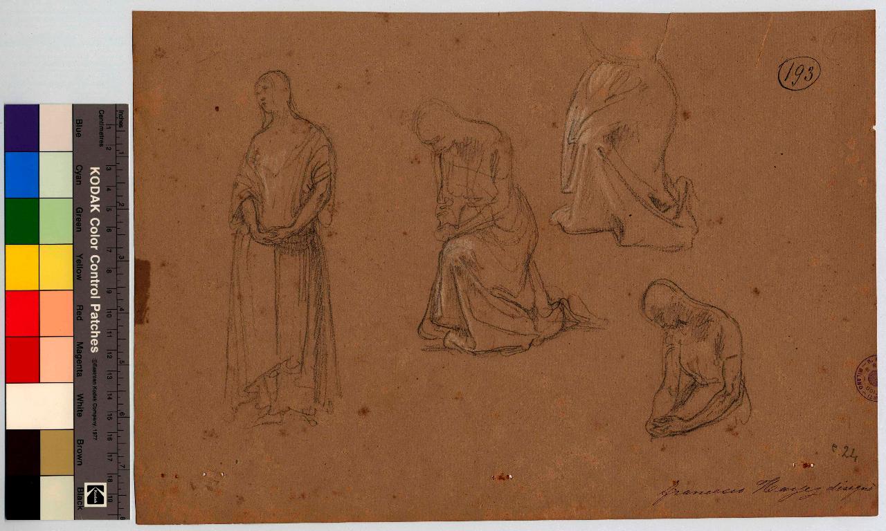 Studi di donne in attitudine supplichevole/ Donna all'impiedi con braccio disteso, figure femminili | figura femminile (disegno) di Hayez, Francesco (metà sec. XIX)