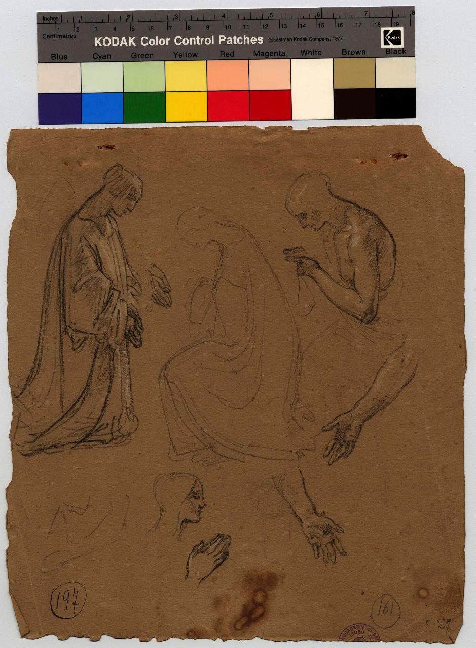 Angeli oranti. Busto seminudo di donna orante. Studio di teste, braccia, mani/ Pensiero per l'"Addolorata", angeli, braccia, teste e mani | Madonna addolorata (disegno) di Hayez, Francesco (metà sec. XIX)