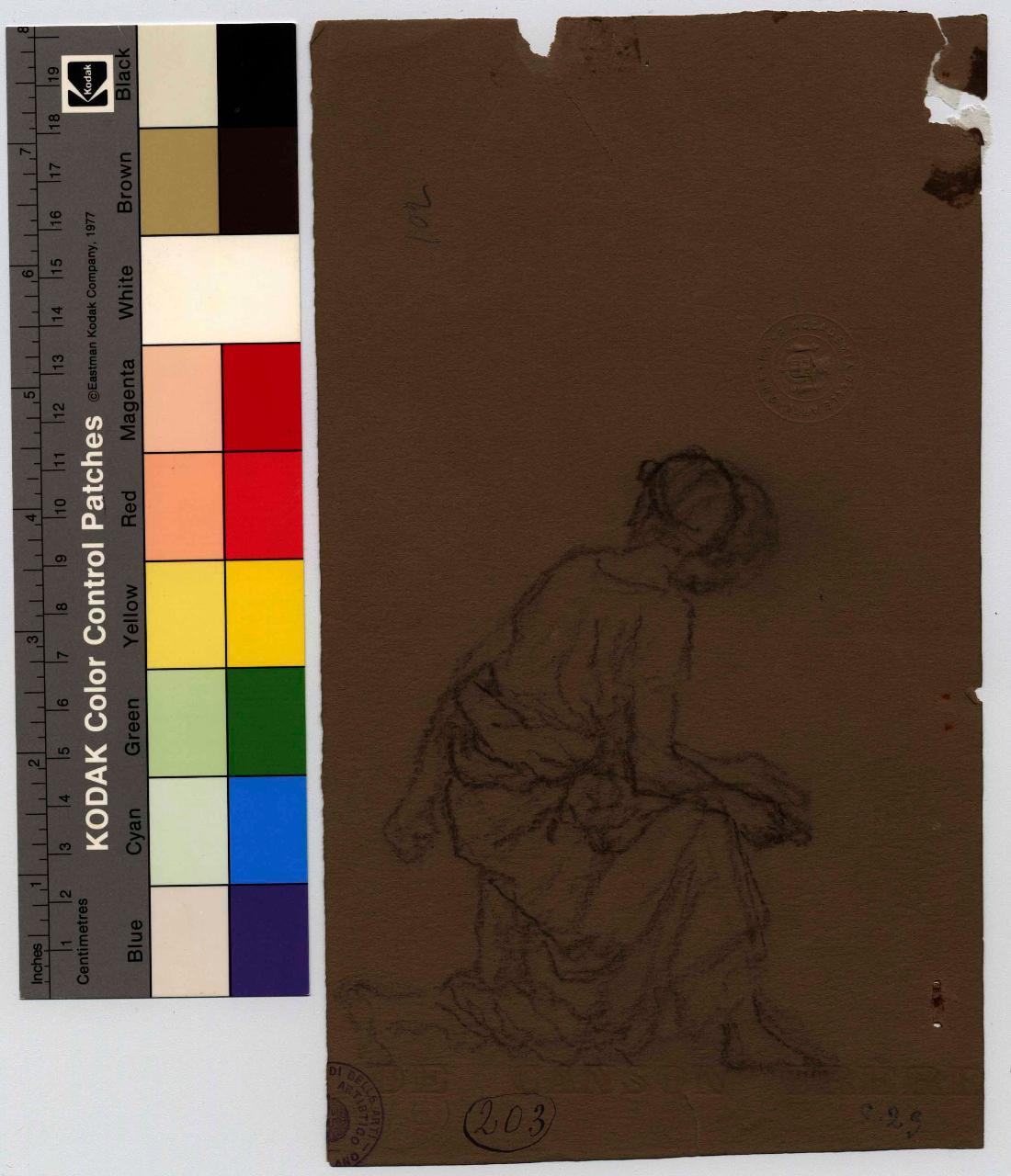 Donna seduta, vista di lato che guarda all'indietro, figura femminile (disegno) di Hayez, Francesco (metà sec. XIX)