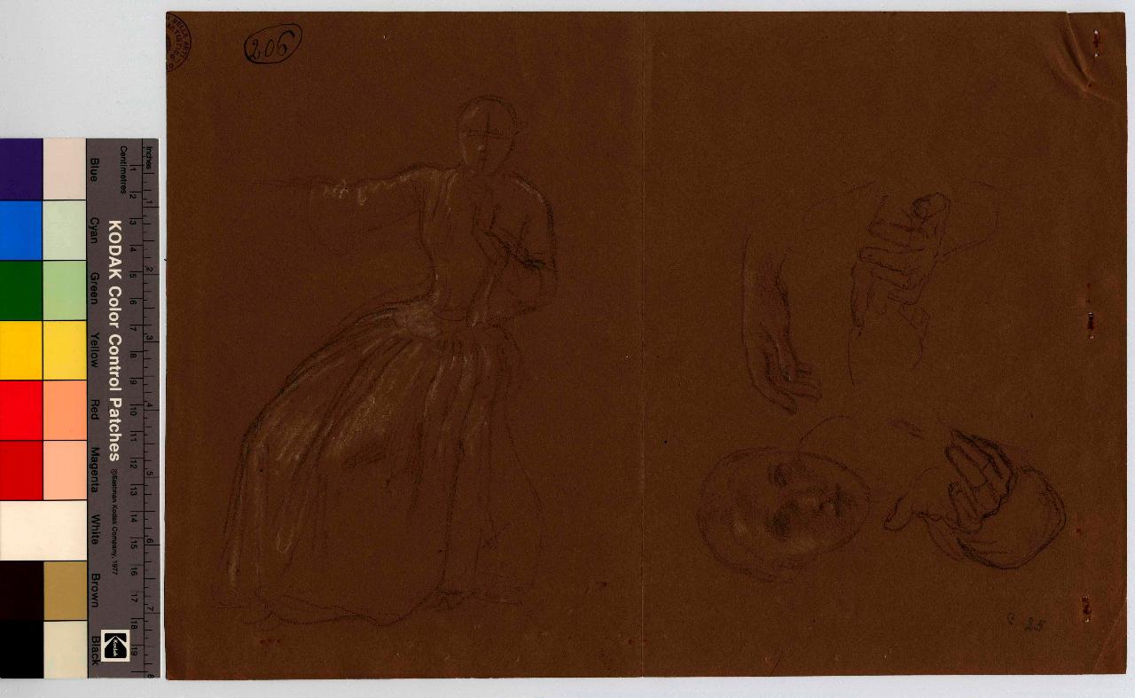 Studio di donna seduta. Testina e mani in diverse attitudini, figura femminile, volto di donna, mani (disegno) di Hayez, Francesco (metà sec. XIX)