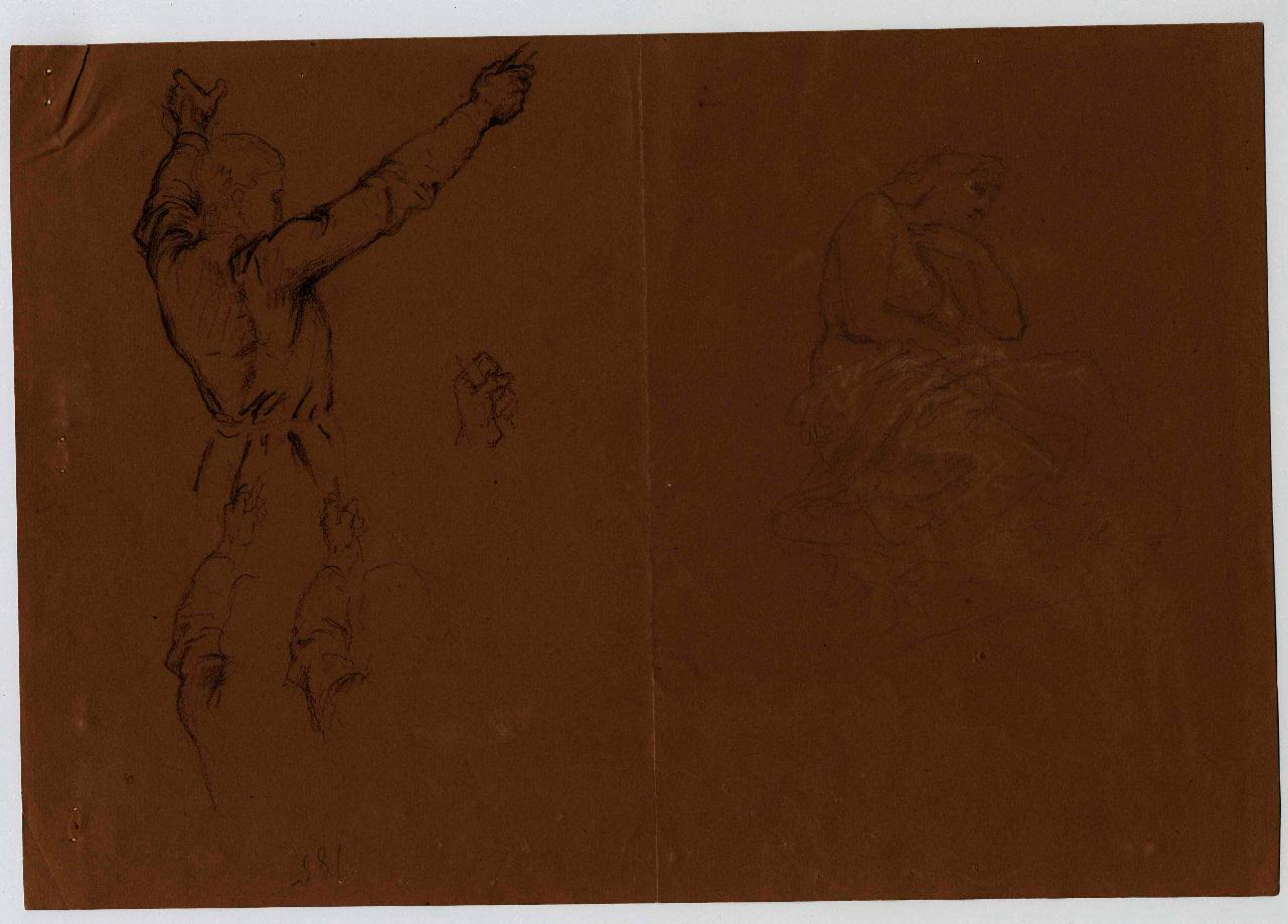 Uomo che sostiene un vessillo col braccio teso. Donna col seno scoperto, figura maschile e femminile (disegno) di Hayez, Francesco (metà sec. XIX)