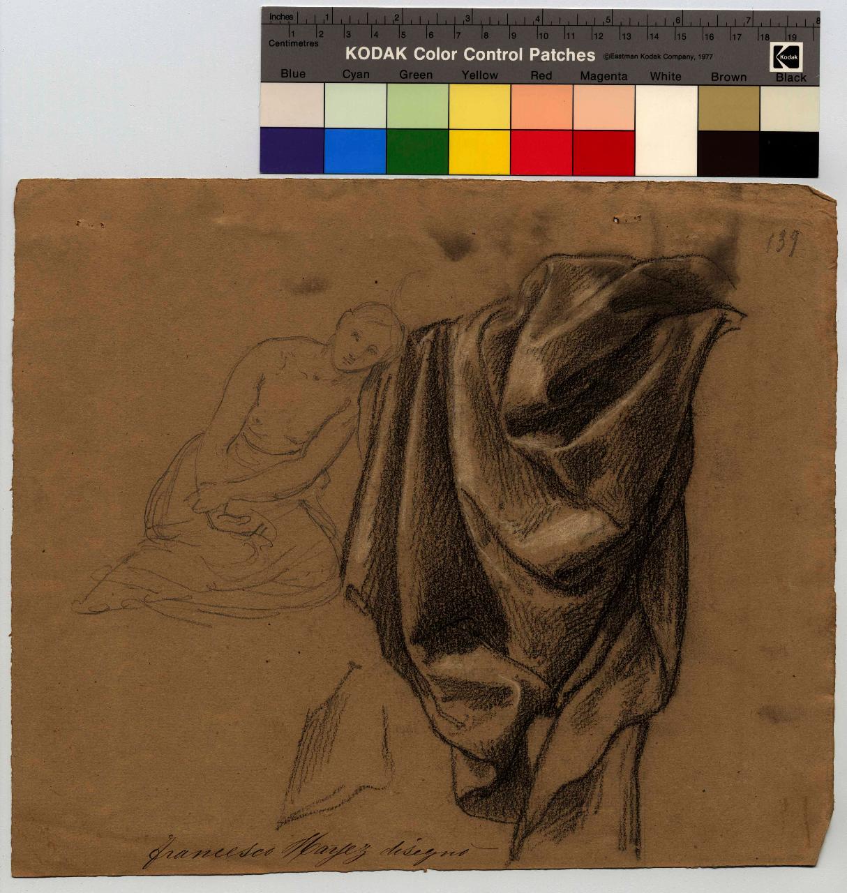 Studio di donna dolente e panneggio, nudo femminile, panneggio (disegno) di Hayez, Francesco (metà sec. XIX)