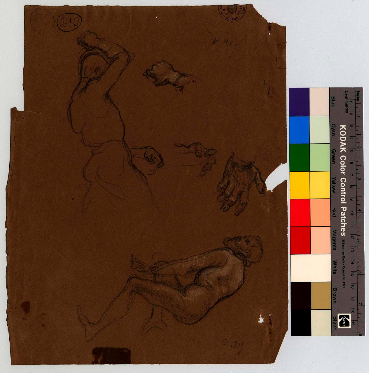 Uomo visto di lato, con le braccia alzate in atto di colpire. Studio di mani. Vecchio progioniero in ginocchio, figure maschili, mani (disegno) di Hayez, Francesco (metà sec. XIX)