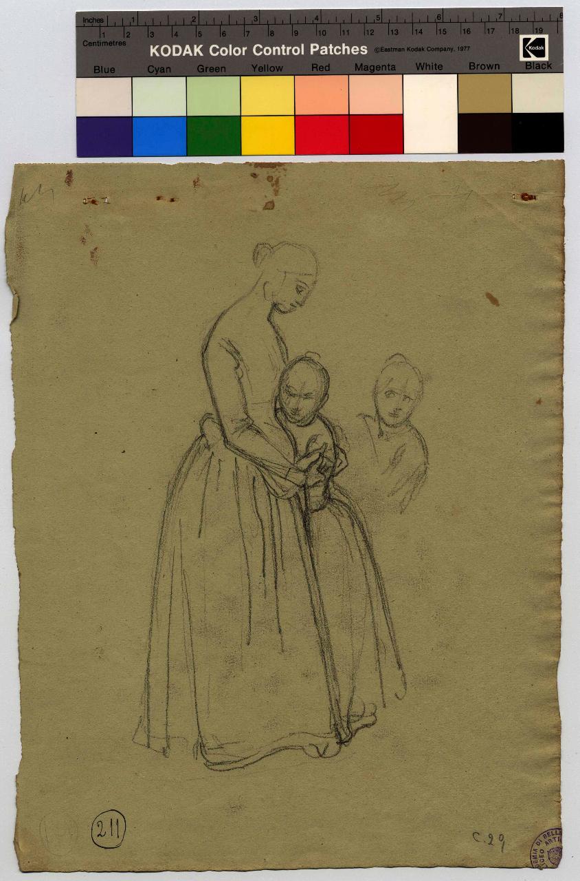 Donne e bambini. Figure di donne in lontananza/ Busto di giovane col braccio al fianco (acefalo), donne con bambini | busto maschile acefalo, bambini, mano (disegno) di Hayez, Francesco (metà sec. XIX)