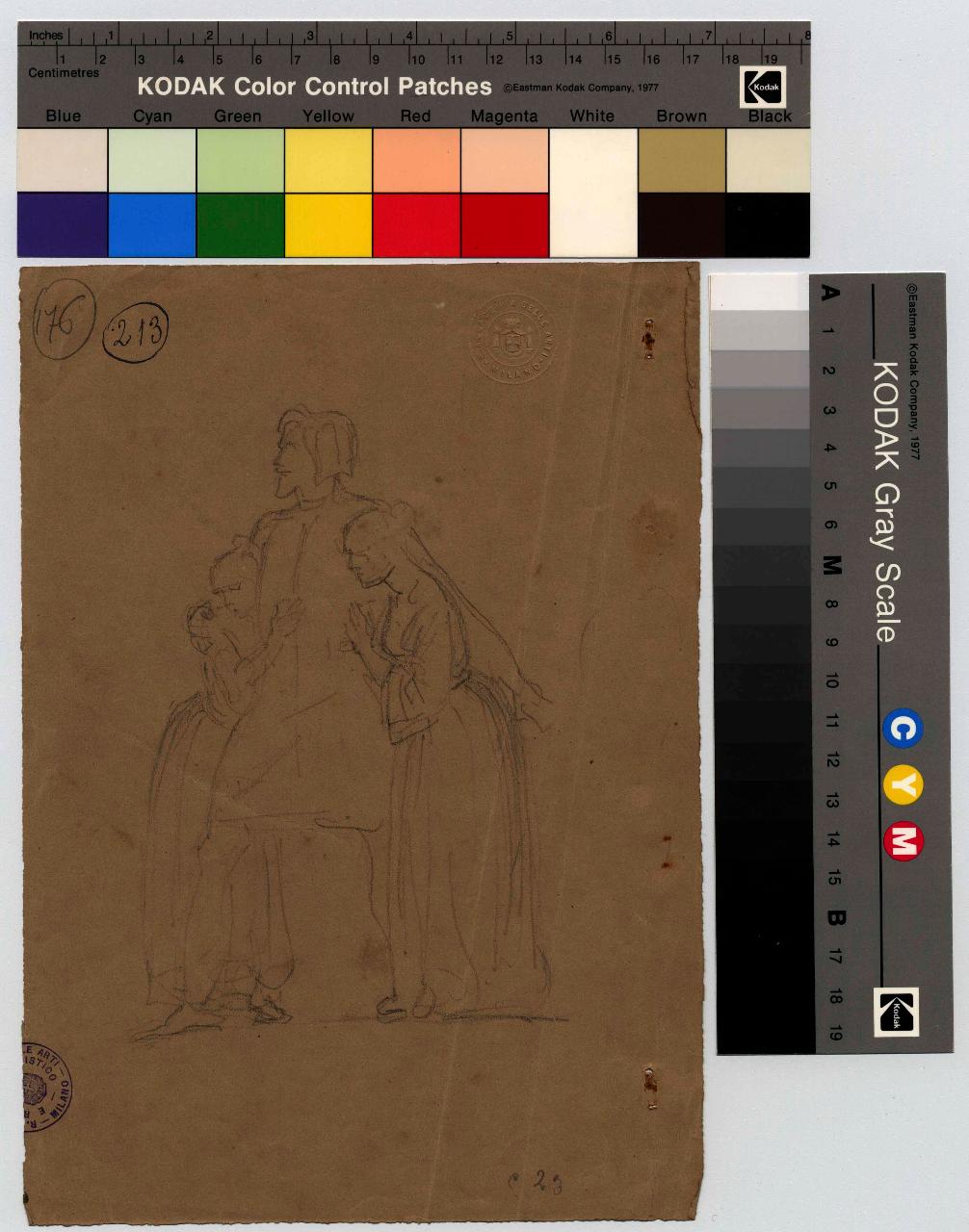 Uomo all'impiedi abbracciante in atto di protezione due donne ai suoi fianchi. Per l'"Alberico Romano in carcere", gruppo di figure, scena storica (disegno) di Hayez, Francesco (metà sec. XIX)