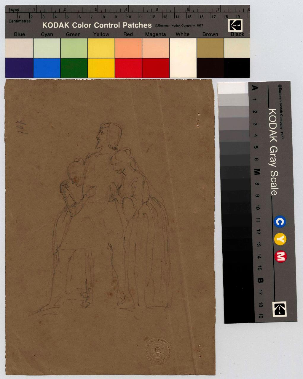 Varianti de l'uomo all'impiedi abbracciante in atto di protezione due donne ai suoi fianchi. Per l'"Alberico Romano in carcere", gruppo di figure, scena storica (disegno) di Hayez, Francesco (metà sec. XIX)