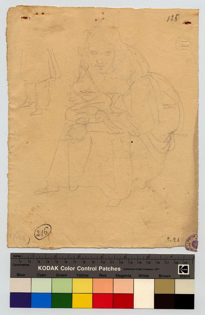 Donna seduta in atto di meditare/ Studio di bambino, figura femminile seduta | bambino (disegno) di Hayez, Francesco (metà sec. XIX)